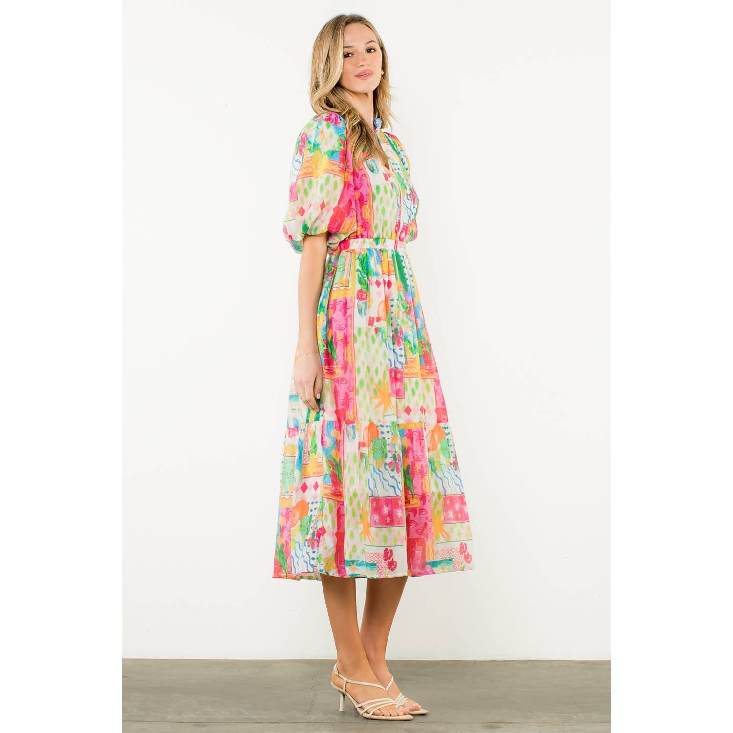 PINK Printed Ruffle Collar Puff Sleeve Dress for wholesale on Faire1