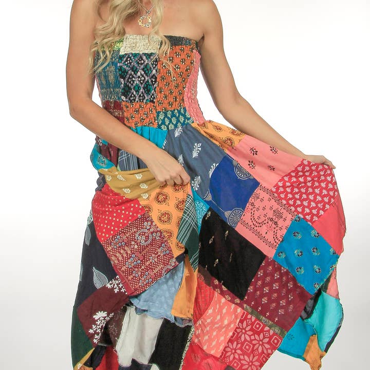 Strapless Patchwork Handkerchief Hem Dress, Assorted Designs for wholesale by Kaleidoscope Accessories