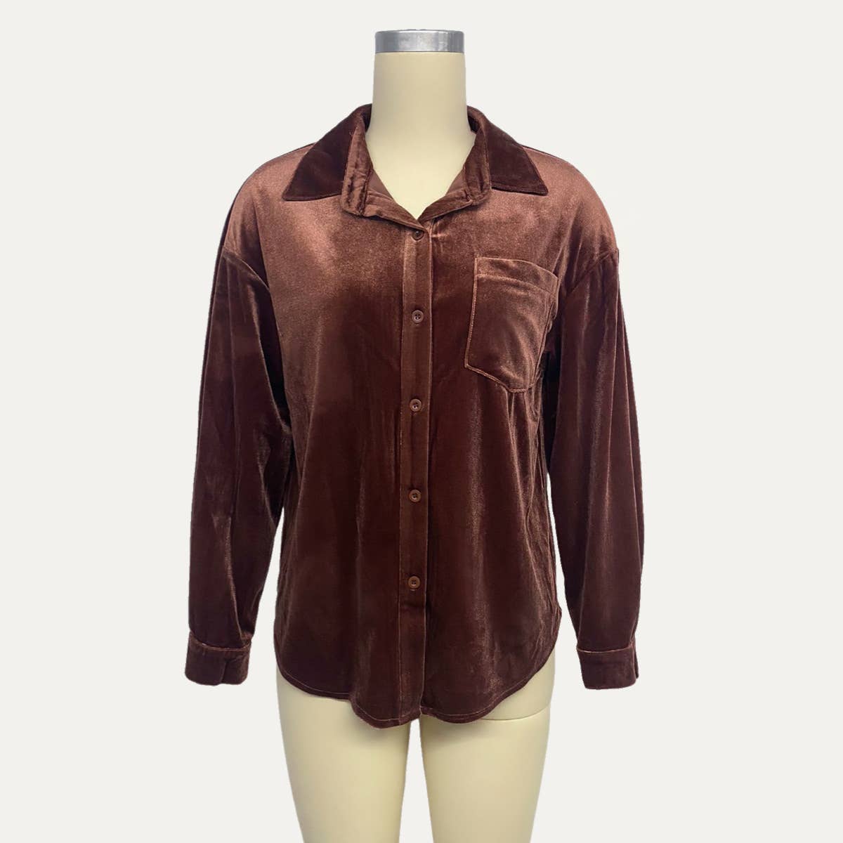 The Moment Collection - Wholesale Shirt - Women's - Classic Velvet Collared Long Sleeve Button-Up Shirt3