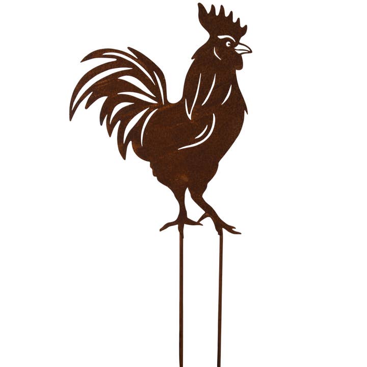rust Garden stick rooster, metal, 21x45cm for wholesale on Faire