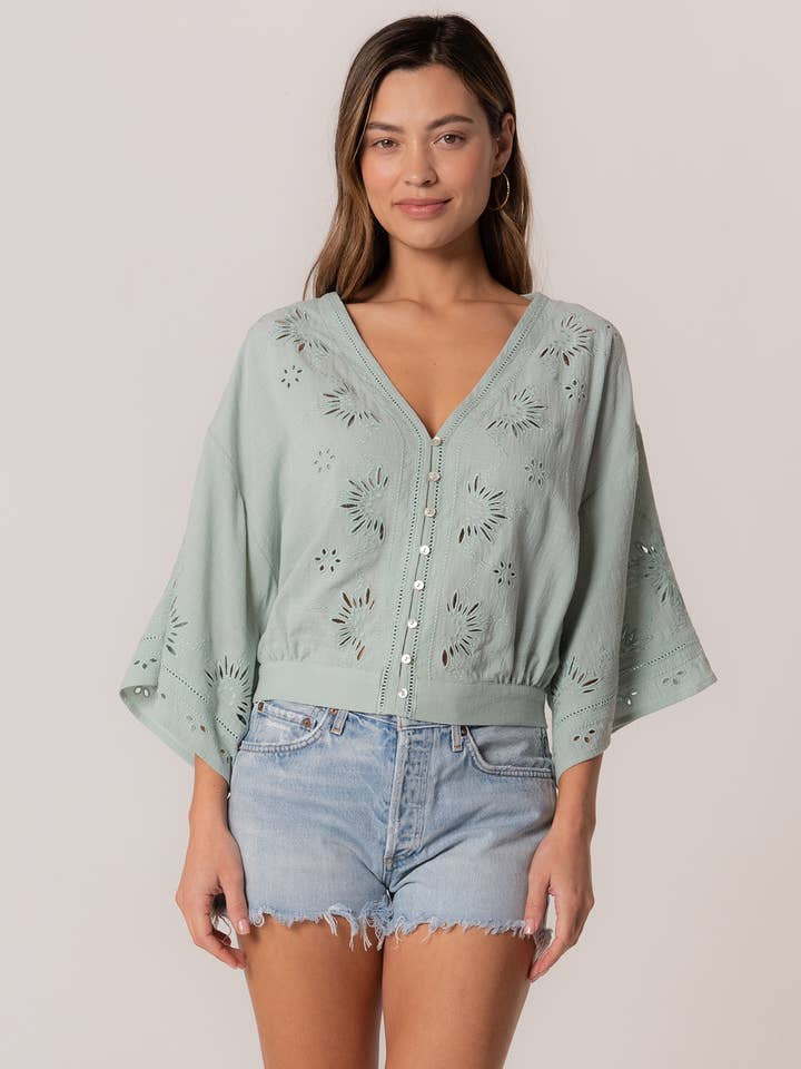 Lovestitch - Wholesale Button Down Shirt - Women's - Eyelet Embroidered Blouse