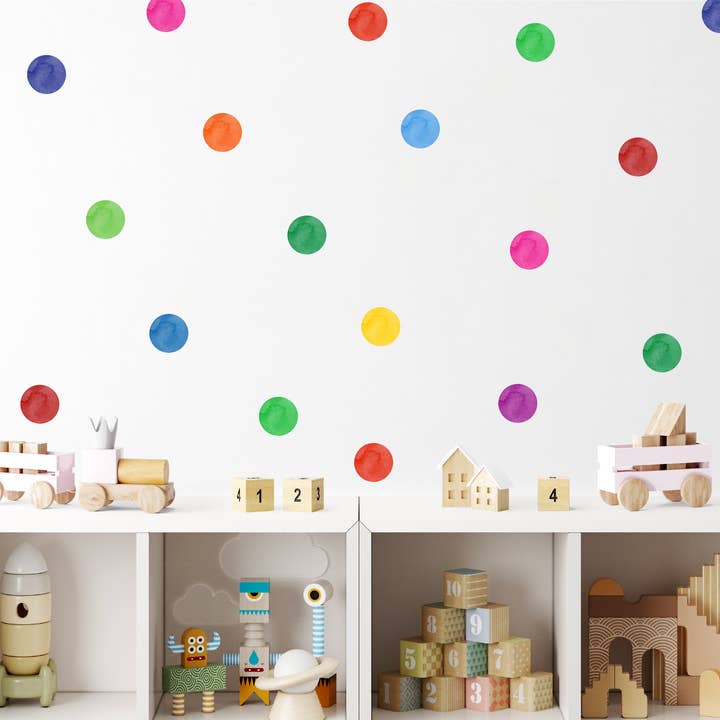 Pakke med 48 akvareller Rainbow Polka Dot vægklistermærker, farverige børnehavevægmærkater, børneværelseskunst, aftagelige vægklistermærker for engroshandel hos Decals Online