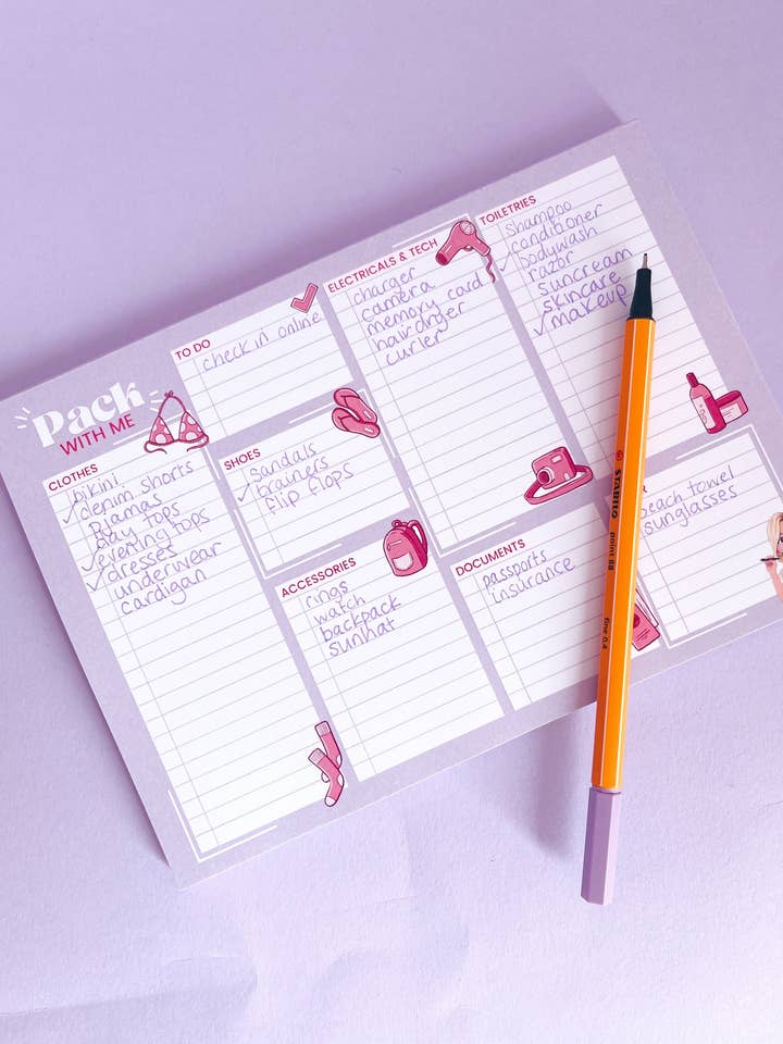 Pack With Me - Travel Packing Notepad for wholesale by Emily Harvey Art