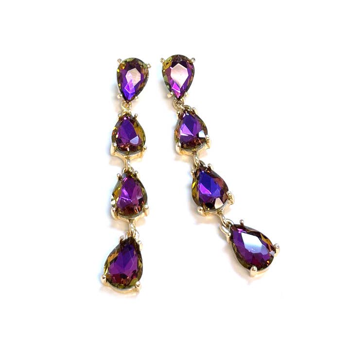 StarryNYC - Wholesale Dangle Earrings - Glass Stone Teardrop 4 Link Iridescent Crystal Earrings19