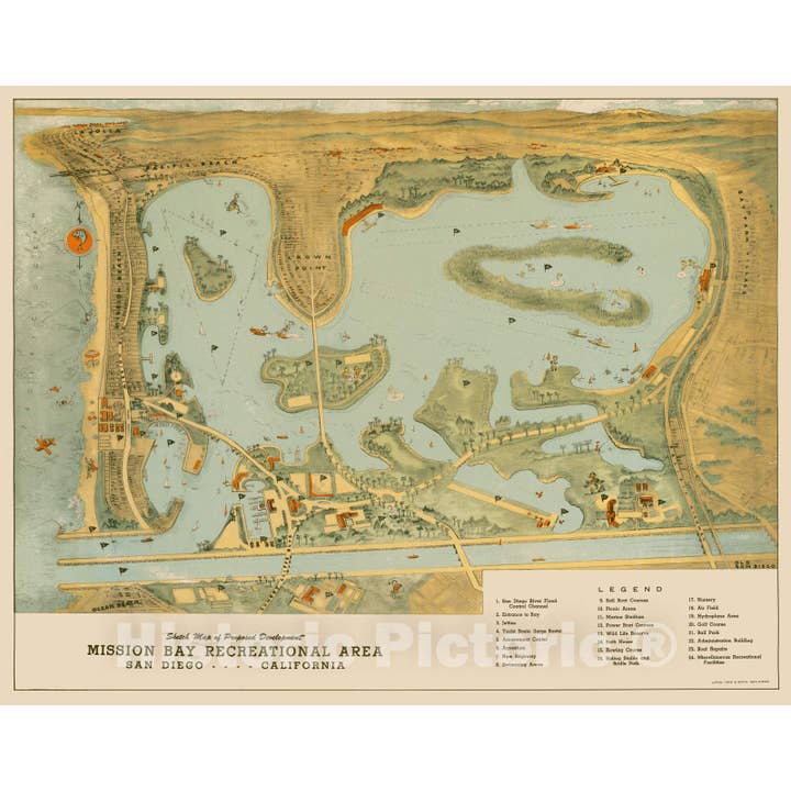 Historic Map Of Mission Bay Development, San Diego 1945 for wholesale by Historic Pictoric