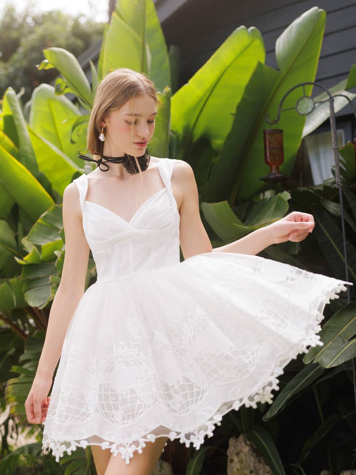 White LD1085 Embroidery Lace Mini Dress for wholesale on Faire