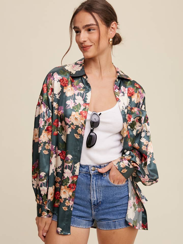Floral Satin Button-Up Shirt LT1309 for wholesale by Listicle