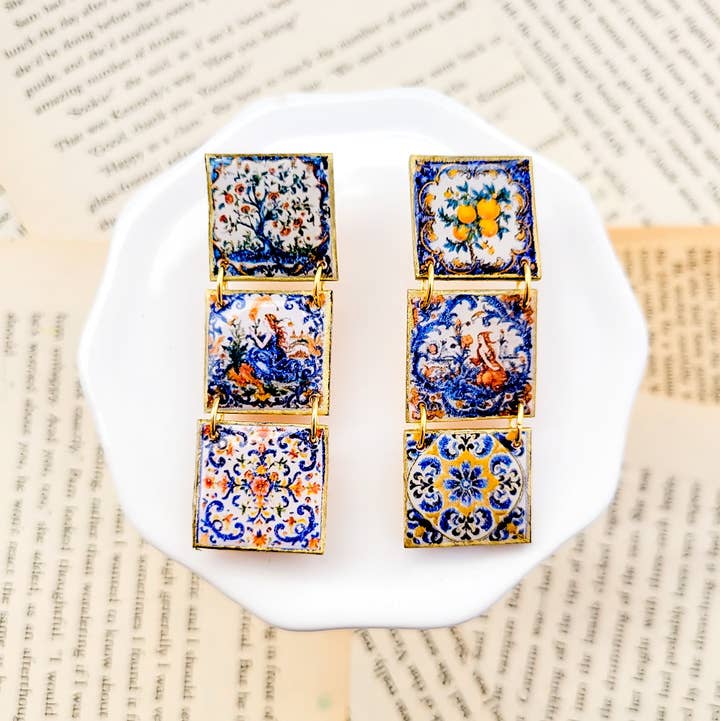 Midnight Narrative - Wholesale Stud/Post Earrings - Tales In Tiles Statement Studs