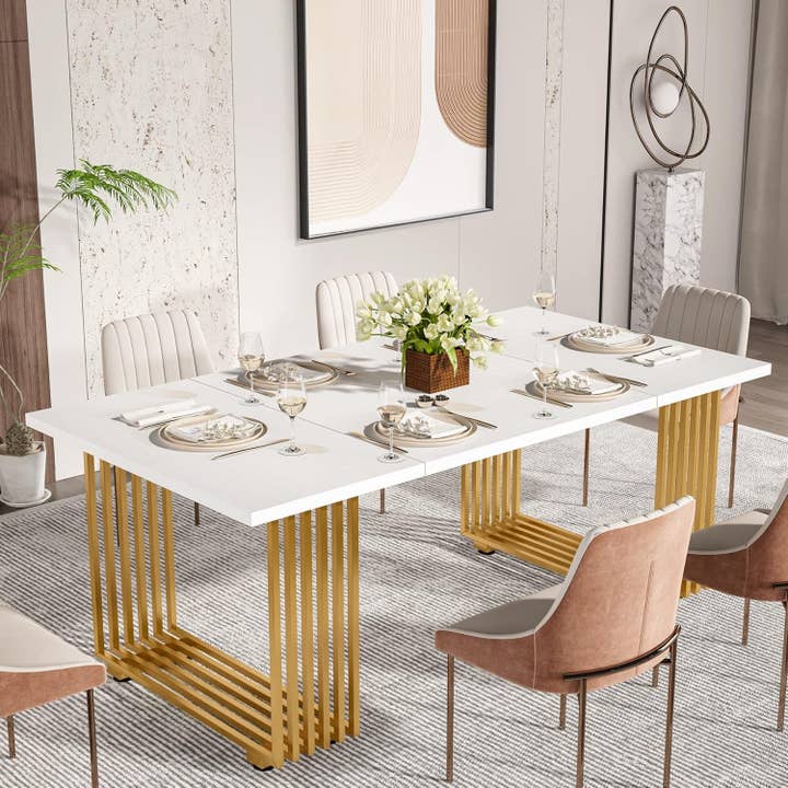 ShipItFurniture - Wholesale Side Table - White Gold Wood Dining Table 70 Inch Rectangular For Dining Room2