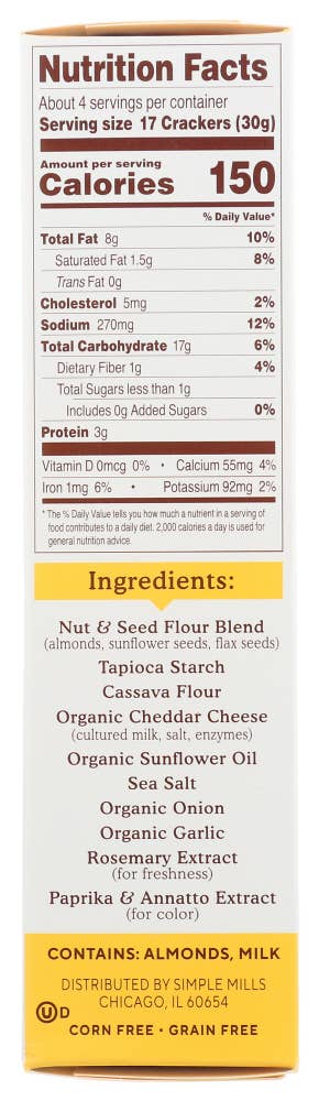 KeHE Distributors, LLC - Wholesale Crackers - Simple Mills Crackers Almond Flour Sharp Cheddar 4.25 oz3