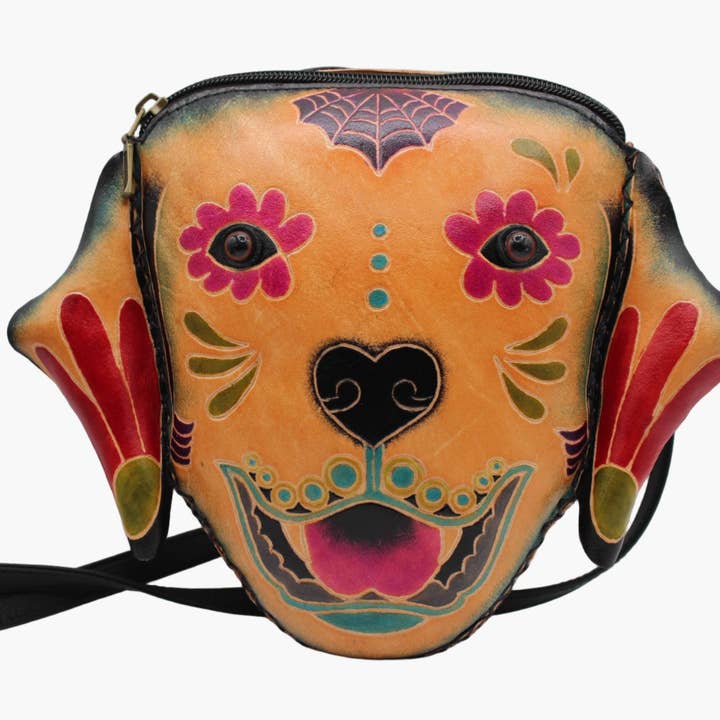 Leather sugar skull dog backpack crossbody purse multi use for wholesale by Sunflower Handmade leather inc