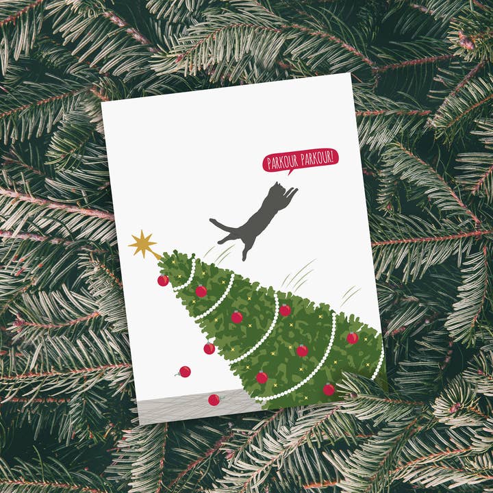 Modern Printed Matter - Wholesale Christmas Card - Parkour Cat Christmas Card