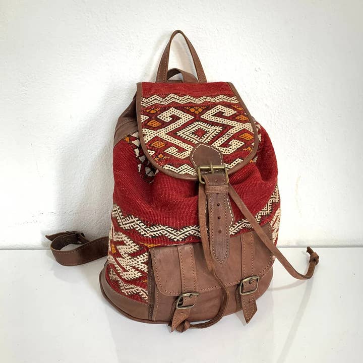 Moroccan leather backpack, bohemian kilim backpack, unisex for wholesale by Melecraft