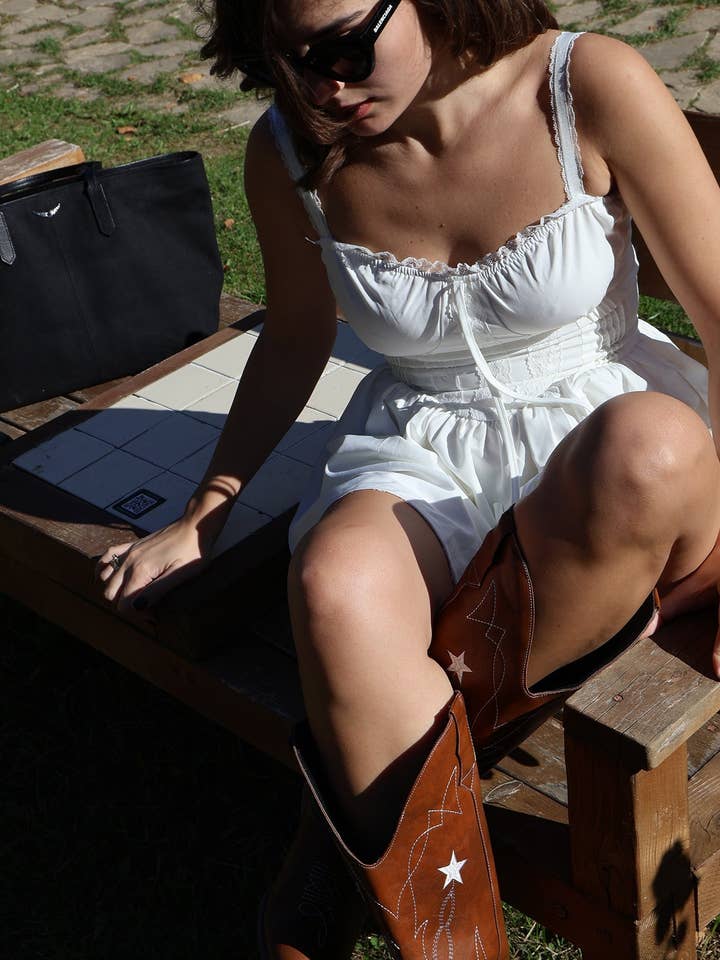 Pentagram Embroidered Chunky Heel Western Boots for wholesale by Red Clover USA