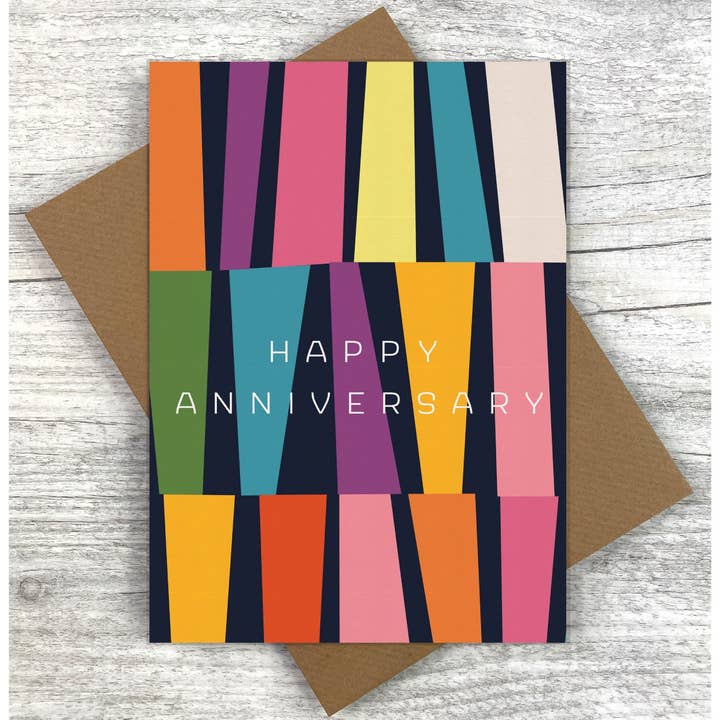 'Happy Anniversary' Rainbow Geometric Greeting Card for wholesale by Joanne de Pace Design Studio