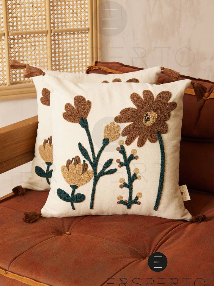 Grossist Punch Blommigt Kuddfodral – Beige Toner – 43x43 cm för wholesale av Uzman home textile