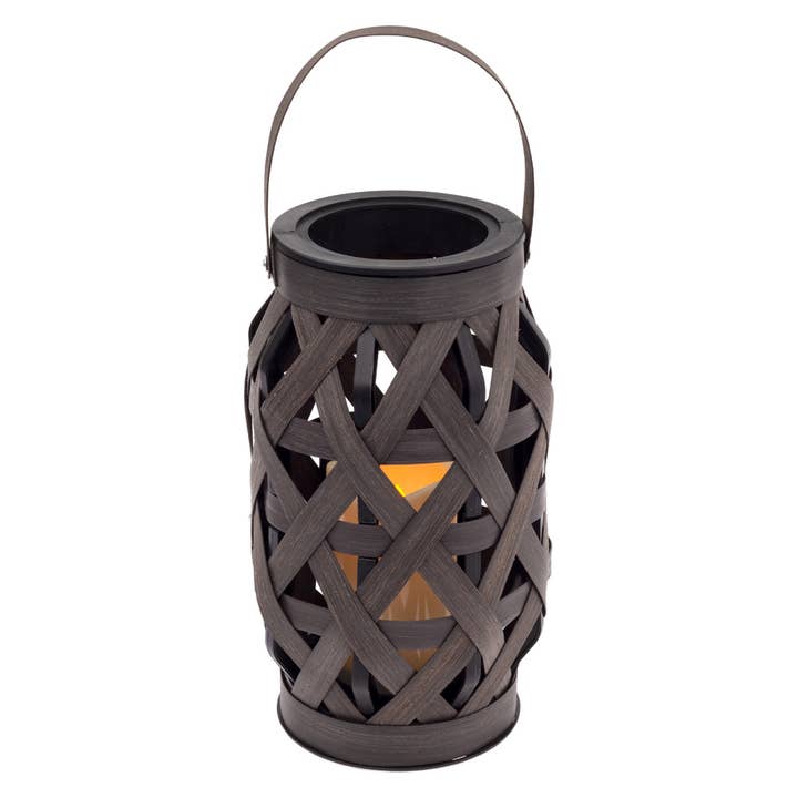 Large Brown Basketweave Lantern W Led Soy Candle for wholesale by Boston International