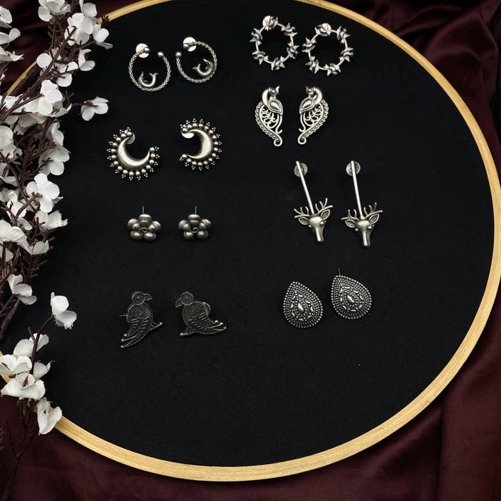 Oxidized Silver Boho Tribal Earrings - Studs & Hoops Combo for wholesale by Quirky Fashions