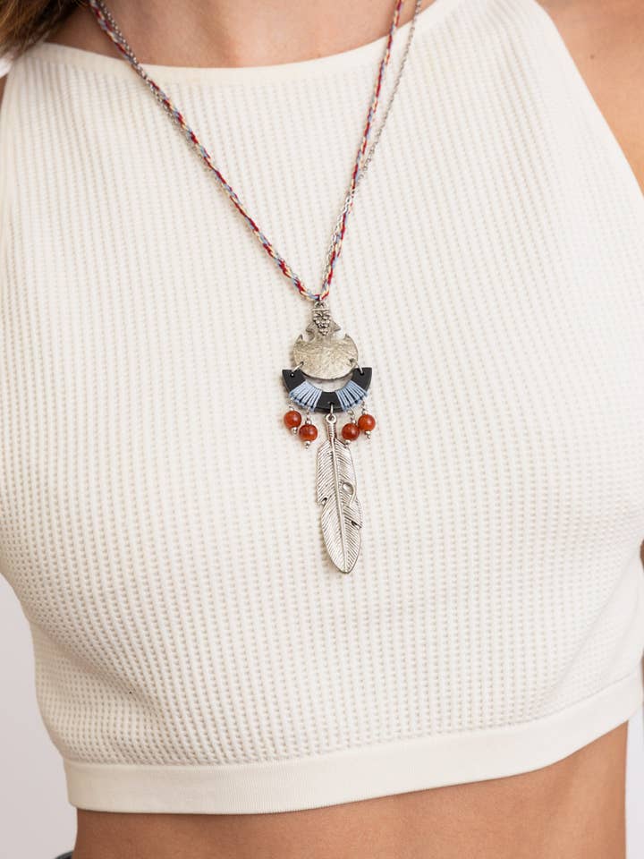 Vintage Tribal Thread & Silver Feather Necklace ðŠķ for wholesale by Leto Accessories
