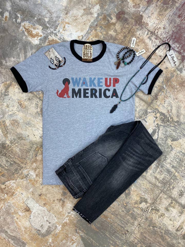 Maglietta Wake Up America Howling Wolf Ringer per la vendita all'ingrosso da parte di J.Forks Designs