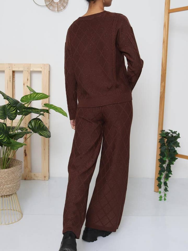 DIX-ONZE - Wholesale Top & Pant Set (NOT Loungewear) - Women's - Diamond Knit Set – Crew Neck Sweater & Wide-Leg Pants10