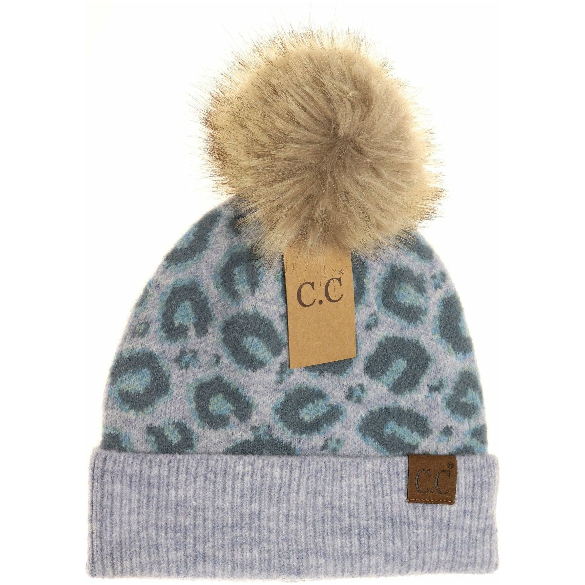 C.C Beanie - Wholesale Beanie - Women's - Leopard Pattern Faux Fur Pom Beanie HAT35131