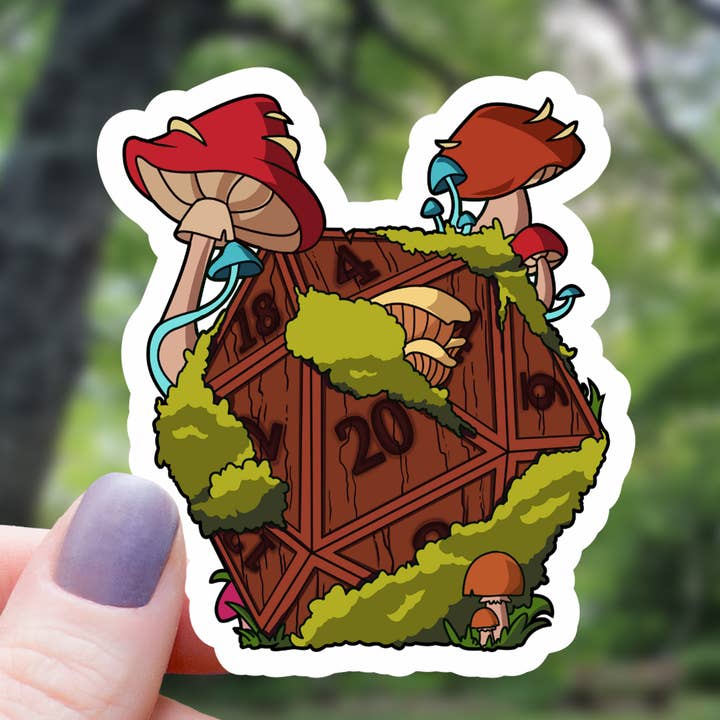 Forest Mushroom D20 Polyhedral Dice Sticker - 3" for wholesale by Mimic Gaming Co