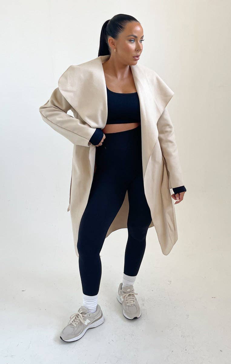 Femme Luxe - Wholesale Coat - Women's - Beige Waterfall Duster Belted Long Coat - Pola2