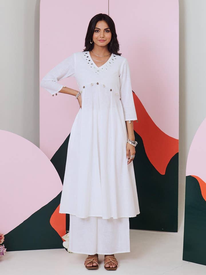 House of Amaya - Wholesale Top & pants set (NOT Loungewear) – Women's - Ajuni White Mirror Embroidered Kurta, Palazzo with Chanderi Dupatta (Set of 3)4