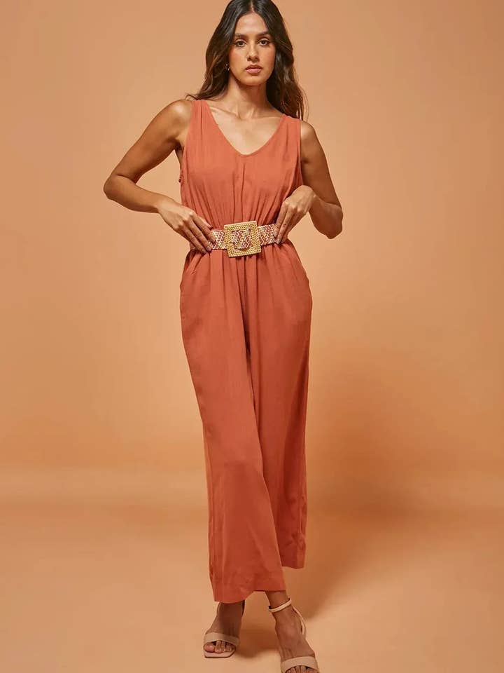 Boho Eleganter V-Ausschnitt Weit Bein Ärmelloser Müheloser Stil Overall für den Großhandel von Tasha Apparel Wholesale