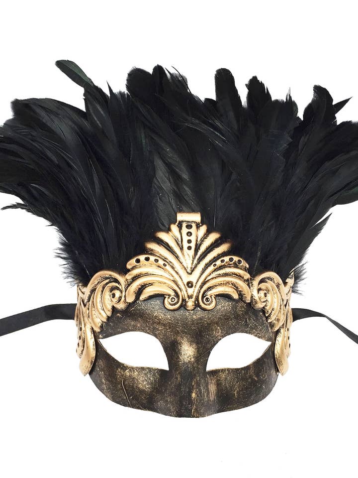 Bronze Cat Eye Romanesque Swirl Masks With Feathers for wholesale by Mardi Gras Creations