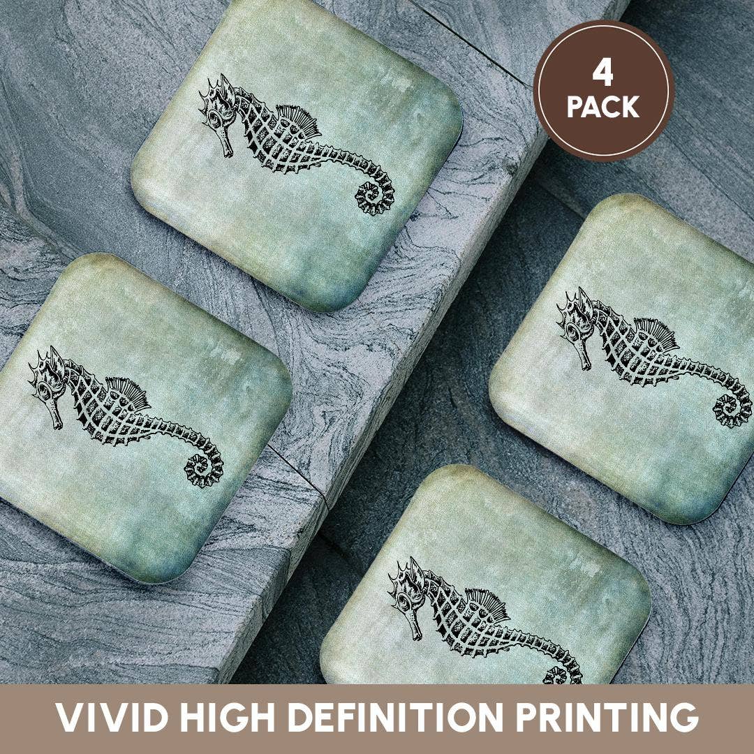 3dRose – Großhandel Untersetzer – 3dRose, Vintage Seepferdchen Zeichnung auf blauem Hintergrund, Untersetzer12