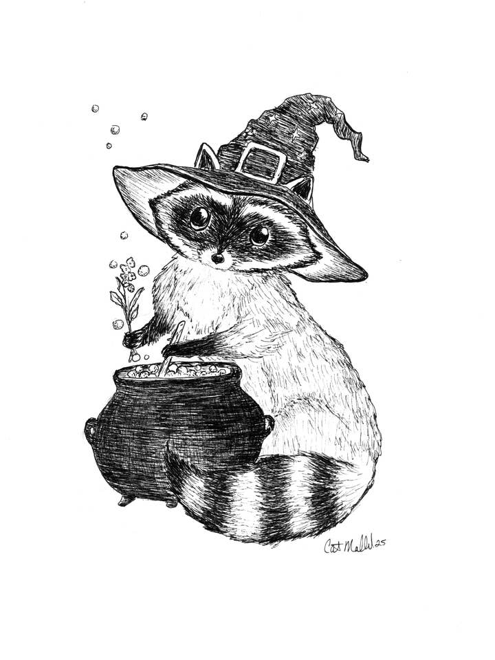 Raccoon Witch 5x7 print for wholesale by Cat Mallard Art