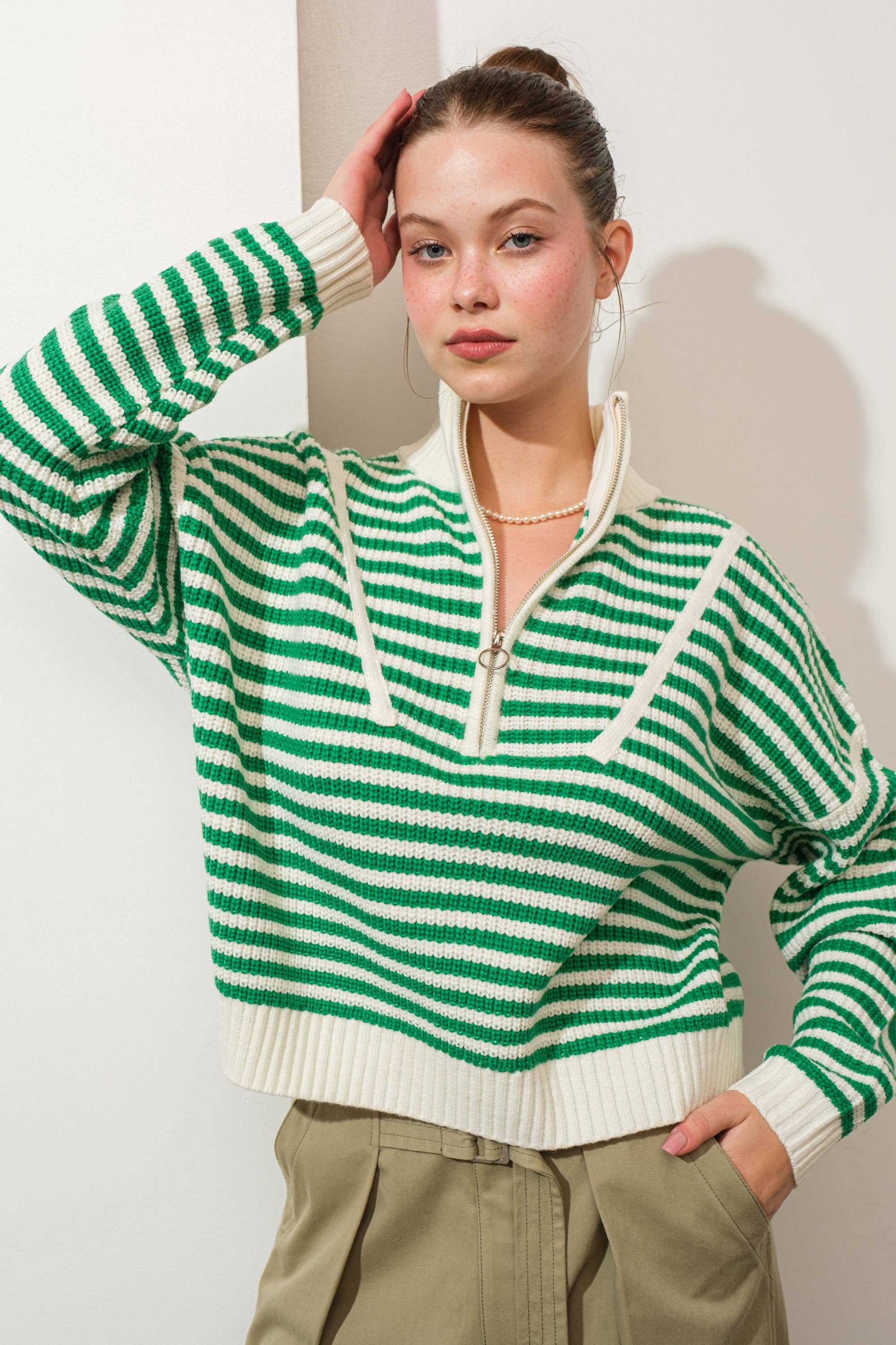 Creamon - Wholesale Knit Sweater - Women's - Preppy Californian Half-zip Striped Sweater-GREEN10