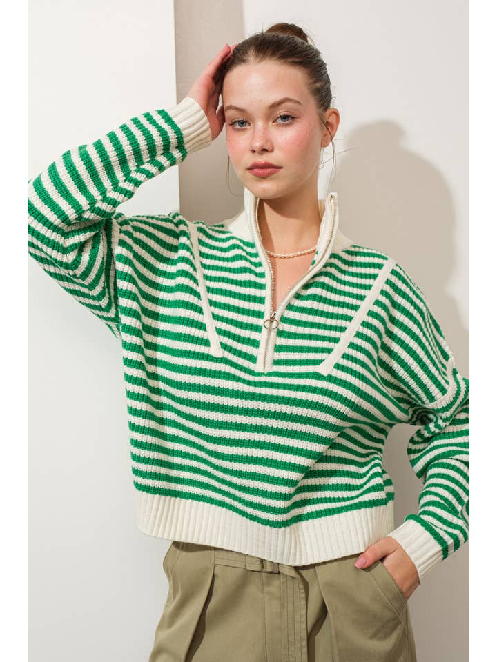 Creamon - Wholesale Knit Sweater - Women's - Preppy Californian Half-zip Striped Sweater-GREEN10