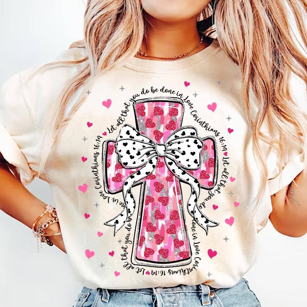 NVC Ecommerce LLC - Wholesale T-Shirt (Graphic) - Women's - Pink Brushstroke Cross Glitter Tee, Jesus valentine Sweater2