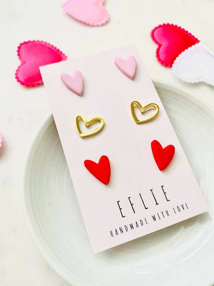 Valentine's Day Gold Heart Stud Earrings Set in Pink & Red for wholesale by Eflie