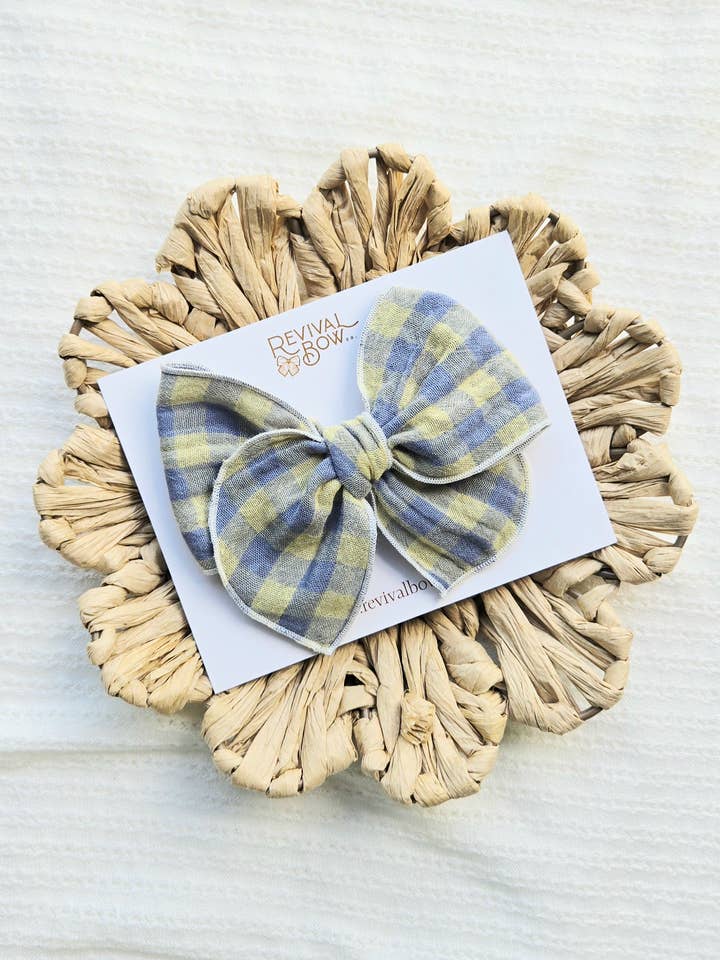 Fable Bow on Clip • Blue Yellow Gingham Gauze • Summer Bow for wholesale by Revival Bow Co.