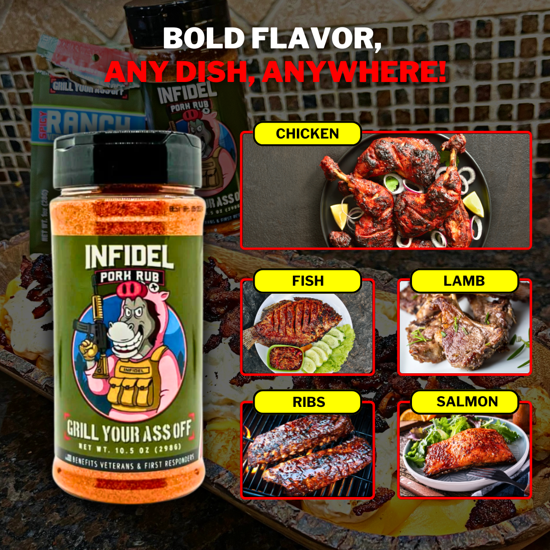 Grill Your Ass Off - Spices, Rubs, Seasonings, Sauces, Jerky - Wholesale Rub - Infidel Pork Rub™ – Bold Flavor for Unforgettable BBQ
4