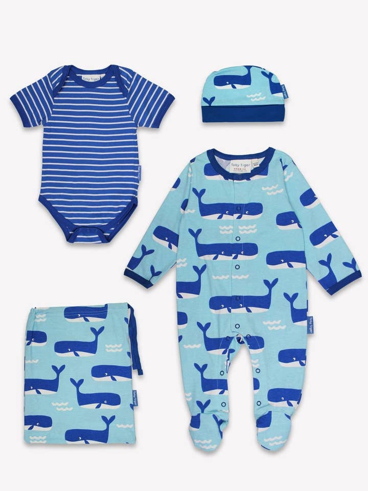 Organic Whale Waves Print Baby Gift Set for wholesale by Toby Tiger UK