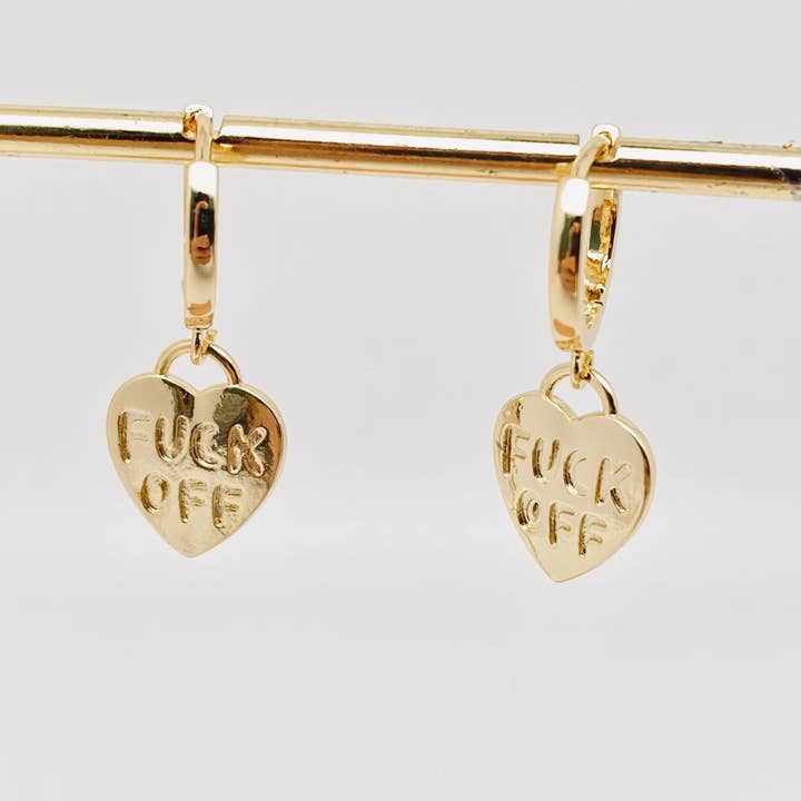 Mio Queena - Wholesale Huggie Earrings - "Fuck off" Heart-shaped Gold Plated Huggie Earrings