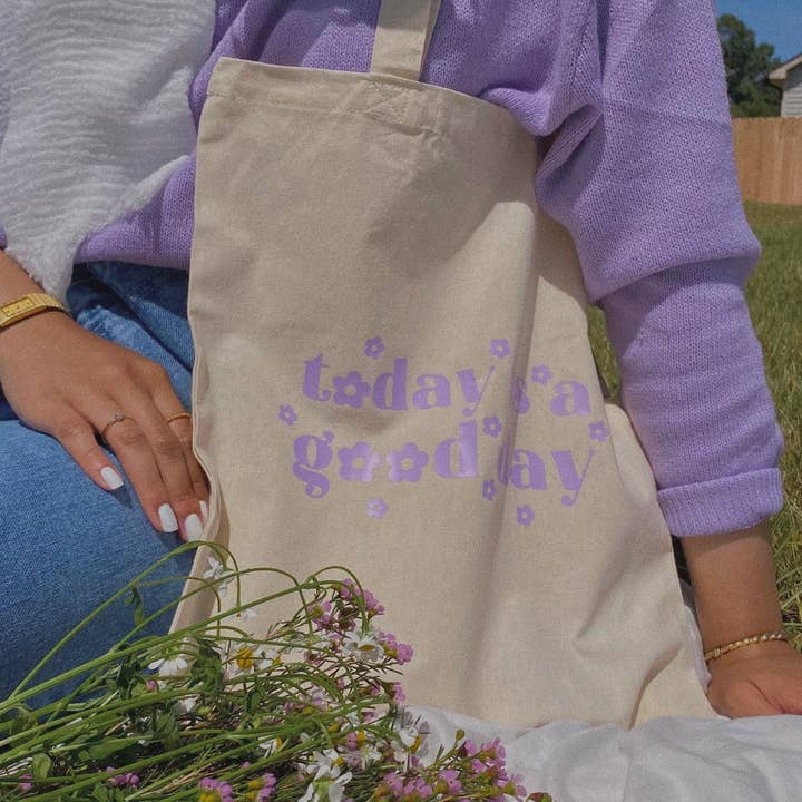 Today is a good day flower tote in tela di cotone biologico per la vendita all'ingrosso da parte di Joyful Szn