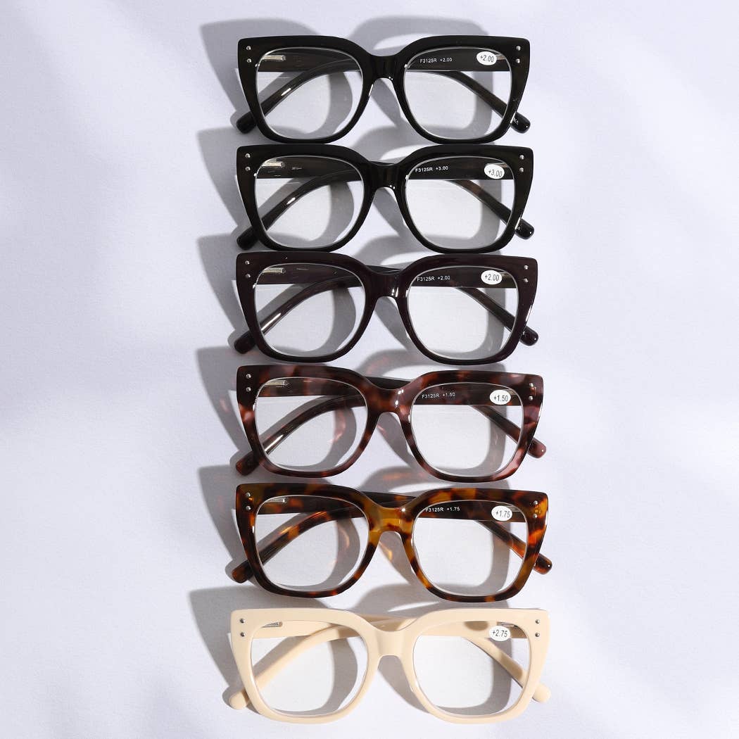 12 ASSORTEREDE FARVER Bred ramme Glitter Side Fashion læsebriller for engroshandel på Faire0