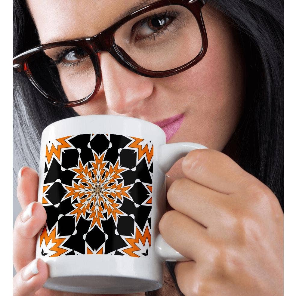 3dRose - Wholesale Coffee Mug - 3dRose, Bizarre Geometric Orange Black and White Kaleidoscope, Mug9