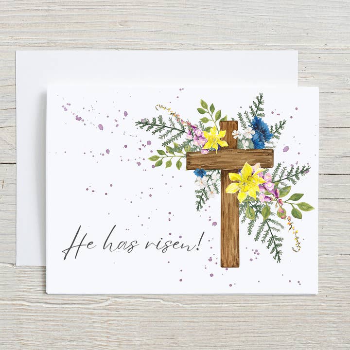 Carte de vœux chrétienne de Pâques "Il est ressuscité" – Croix florale pour la vente par Liz Pope Designs