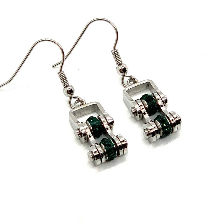 3/8" Stainless Steel Imitation Emerald Crystal Earrings for wholesale by Heavy Metal Jewelry