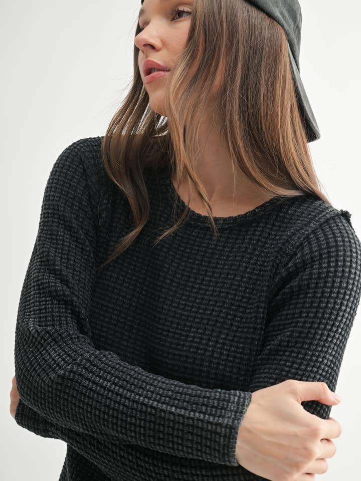 Mono B - Wholesale Knit Top - Women's - Chunky Waffle Mineral Wash Long Sleeve