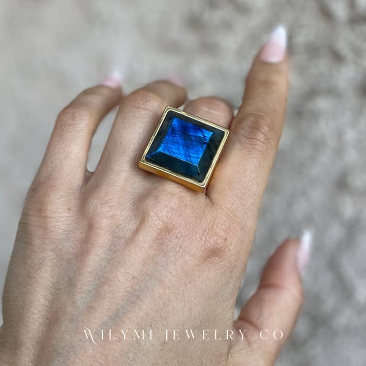 WILYMI Jewelry Co - Wholesale Cocktail/Statement Ring - PRESENCE Labradorite 20mm Square Cut | 24k GF | Adjustable4