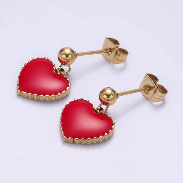 Stainless Steel Red Heart Enamel Bead Drop Stud Earrings | AE744 for wholesale by Aim Eternal