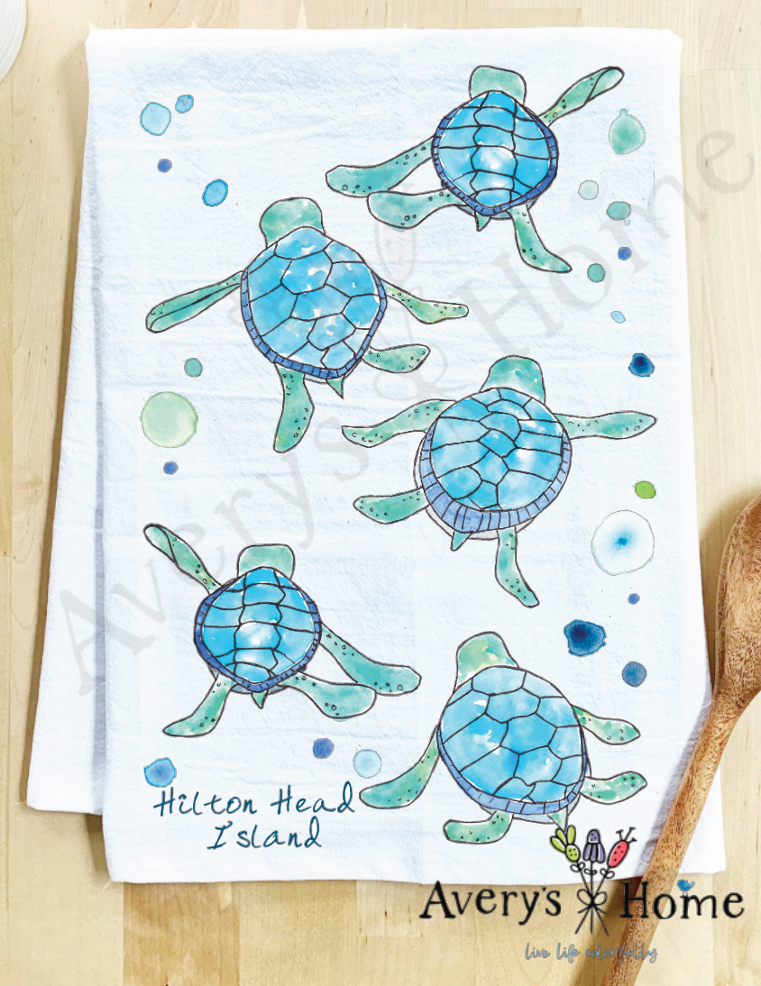 Avery's Home - Vente Torchons - Serviette de cuisine personnalisable avec adorables bébés tortues marchant sur la côte10